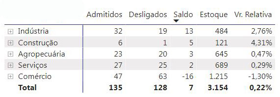 Detalhamento por Atividade Econômica dos setores, com Admitidos, Desligados e Saldo